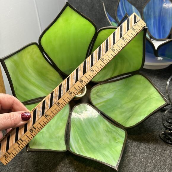 Vintage 1970s Stained Glass Chandelier Two Tier Slag Glass Hanging Lotus Flower - Picture 13 of 16